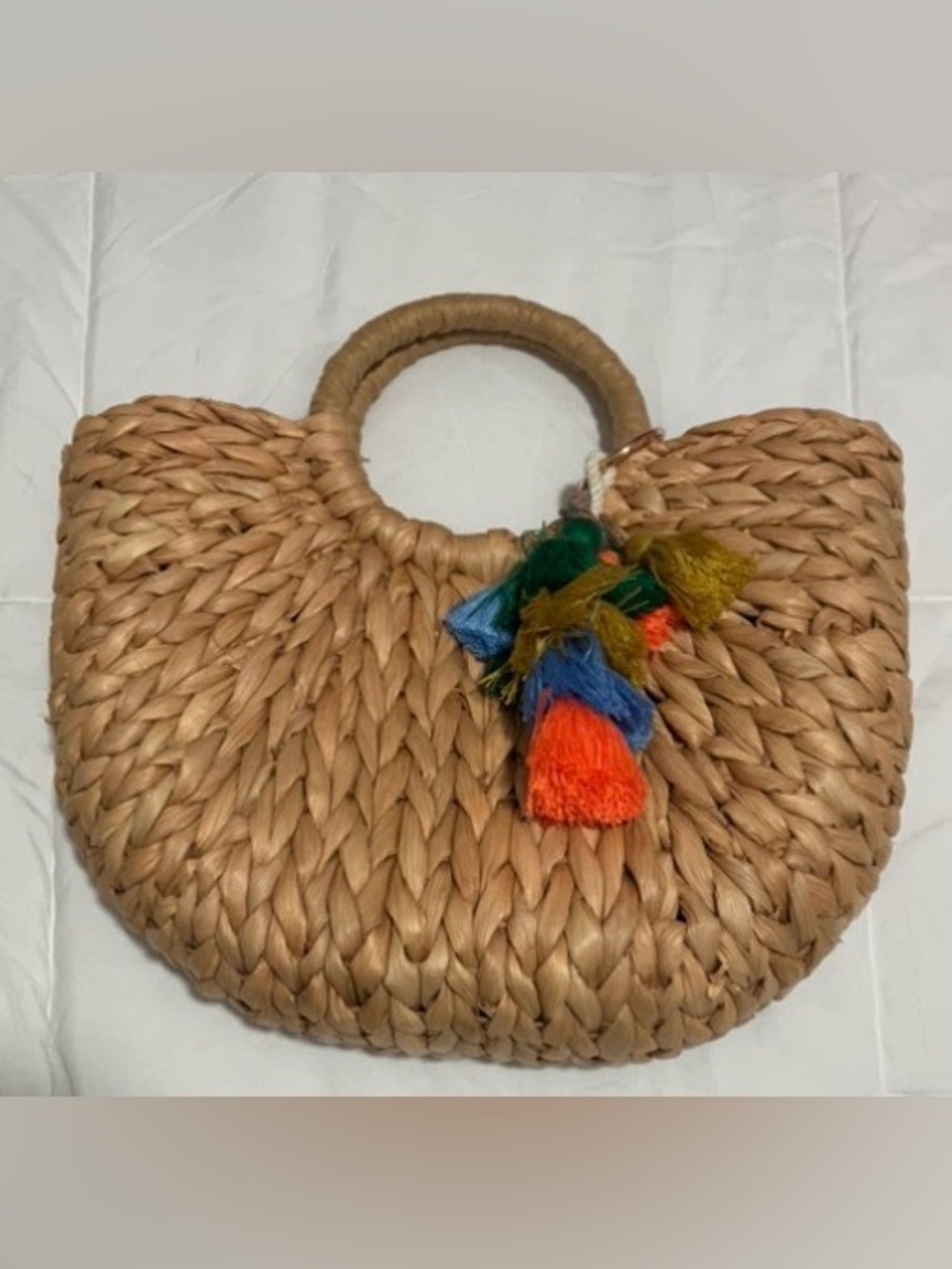 Woven Straw Tote Bag with Colorful Tassels - Natural